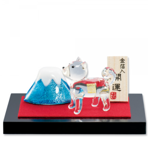 金箔入和硝子 干支（戌・いぬ）の置物「お参り戌と富士山」